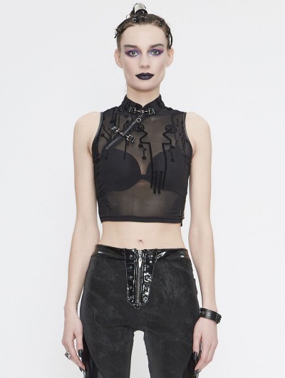 Devil Fashion Black Sexy Gothic Net Sleeveless Short T-Shirt for Women