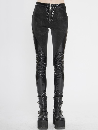 Devil Fashion Black Gothic Punk PU Leather Long Trousers for Women