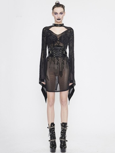 Devil Fashion Black Gothic Sexy Transparent Net Long Sleeve Short Dress