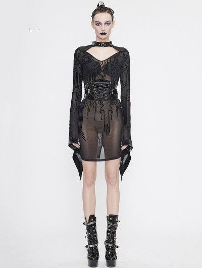Devil Fashion Black Gothic Sexy Transparent Net Long Sleeve Short Dress