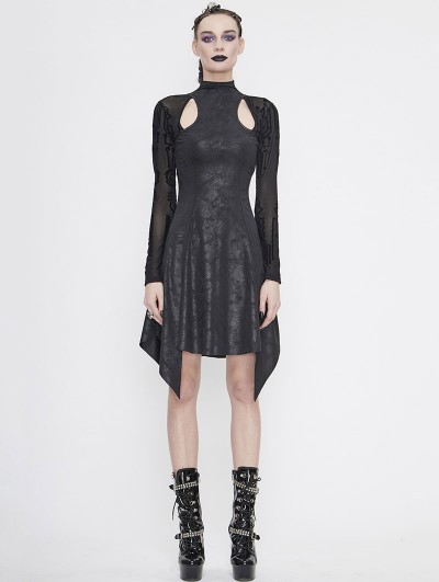 Devil Fashion Black Gothic Hollowed-out Long Sleeve Asymmetrical Dress