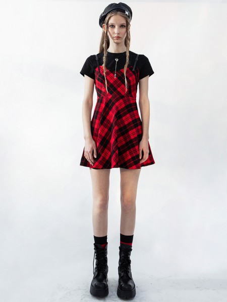 Punk Rave Black and Red Plaid Fake Two-Pieces Daily Wear Gothic Grunge ...