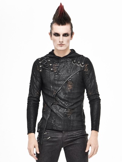 Devil Fashion Black Gothic Punk Long Sleeve Hooded Irregular T-Shirt for Men