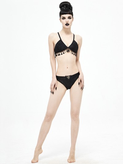 Devil Fashion Black Gothic Sexy Tassel Two-Piece Bikini Set