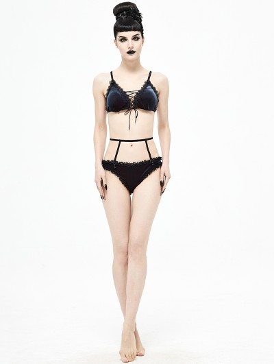 Devil Fashion Dark Blue Gothic Velvet Sexy Two-Piece Swimsuit Set