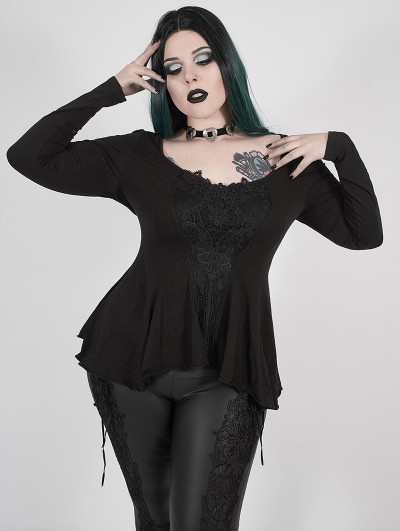 Punk Rave Black Gothic Lace Long Sleeve Irregular Plus Size T-Shirt for Women