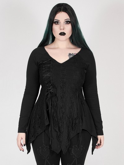 Punk Rave Black Gothic Gorgeous V-Neck Lace Long Sleeve Plus size Shirt for Women