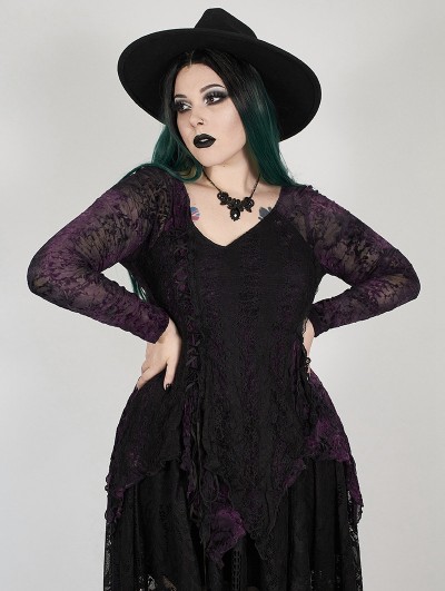 Punk Rave Dark Violet Gothic Gorgeous V-Neck Lace Long Sleeve Plus size Shirt for Women