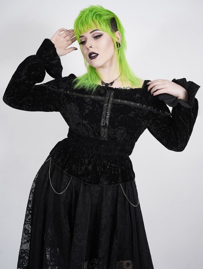 Punk Rave Black Gothic Punk Horizontal Collar Long Sleeve Plus size Shirt for Women