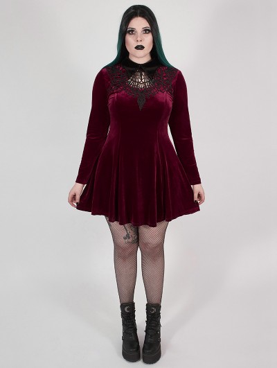 Punk Rave Wine Red Gothic Velvet Dark Night Vines Short Plus Size Dress