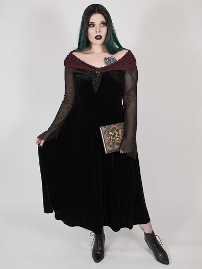 Punk Rave Black Gothic Velvet Horizontal Neck Long Plus Size Dress