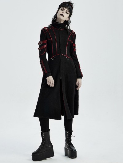 Punk Rave Black and Red Gothic Punk Military Casual Mid Length Coat for Women