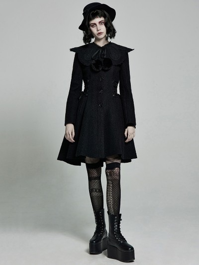 Punk Rave Black Gothic Lolita Mid Length Winter Warm Hooded Coat for Women