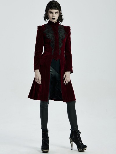 Punk Rave Dark Red Vintage Gothic Velvet Mid Length Tail Coat for Women