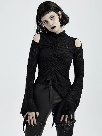 Punk Rave Black Gothic Daily Wear Long Sleeve Asymmetric T-Shirt for Women