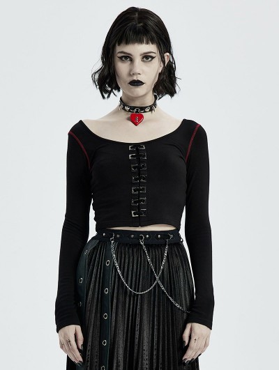 Punk Rave Black Gothic Punk Crop Long Sleeve Short T-Shirt for Women