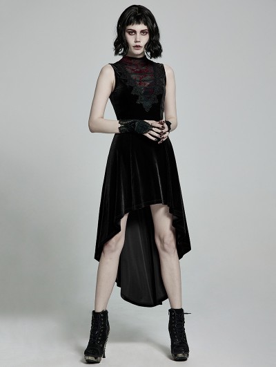 Punk Rave Black Retro Gothic Sexy Velvet High-Low Sleeveless Dress