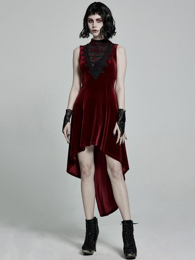 Punk Rave Red Retro Gothic Sexy Velvet High-Low Sleeveless Dress