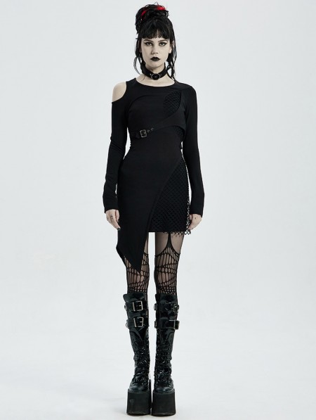 Punk Rave Black Gothic Punk Long Sleeve Asymmetric Short Dress ...