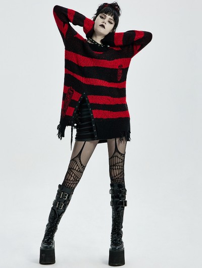 Punk Rave Black and Red Stripe Gothic Pullover Daily Wear Sweater for Women