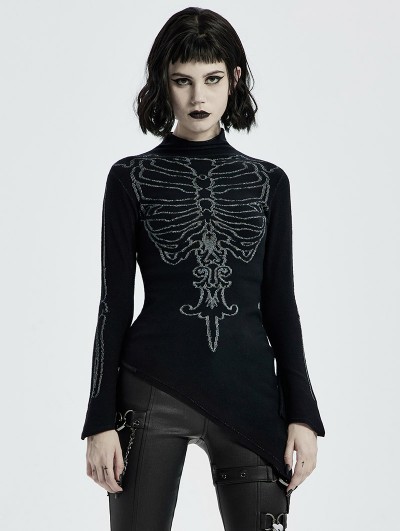 Punk Rave Black Gothic Bone Pattern Asymmetric Daily Wear Sweater for Women
