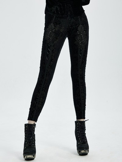 Punk Rave Black Retro Gothic Flower Velvet Long Leggings For Women