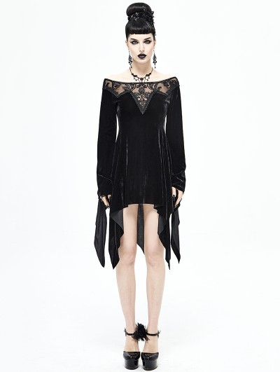 Devil Fashion Black Elegant Gothic Velvet Off-the-Shoulder Short Irregular Dress