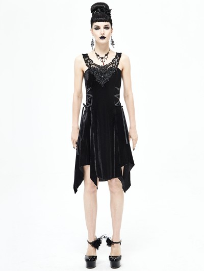 Devil Fashion Black Gothic Velvet Sleeveless Short Irregular Dress