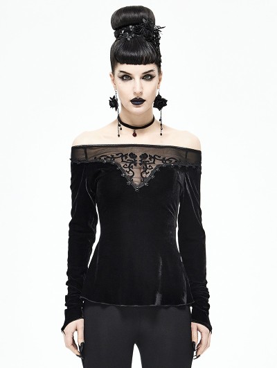 Devil Fashion Black Gothic Sexy Velvet Off-the-Shoulder Long Sleeve Top for Women