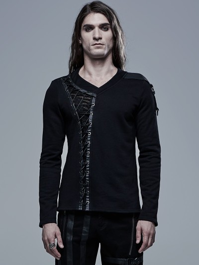 Punk Rave Black Gothic V-Neck Long Sleeve Casual T-Shirt for Men