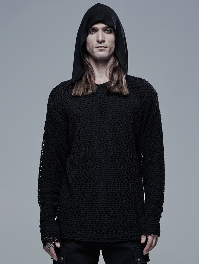 Punk Rave Black Gothic Simple Hooded Two-Pieces T-Shirt for Men