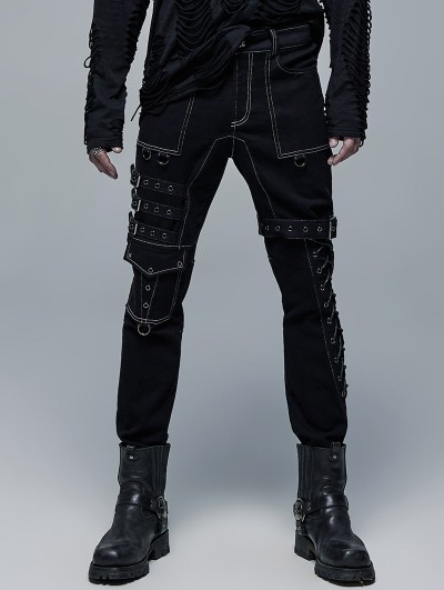 Punk Rave Black and White Gothic Punk Metal Straight Long Pants for Men