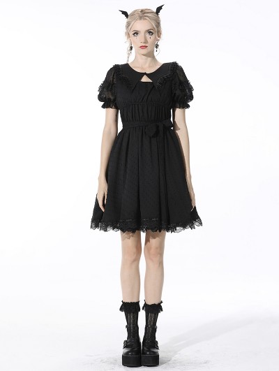 Dark in Love Black Sweet Gothic Dot Chiffon Daily Wear Short Dress