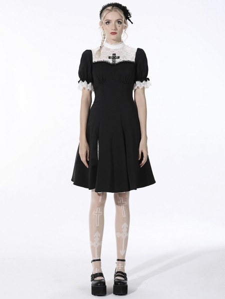 Dark in Love Black and White Gothic Dead Cross Short Sleeves Dress ...