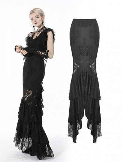 Dark in Love Black Elegant Gothic Lace Maxi Fishtail Skirt