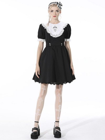 Dark in Love Black and White Gothic Alice in Wonderland Short Sleeve Dress