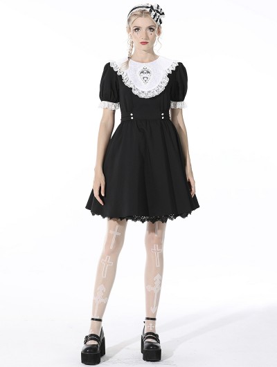 Dark in Love Black and White Gothic Alice in Wonderland Short Sleeve Dress  - DarkinCloset.com