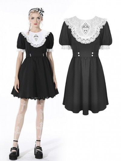 Dark in Love Black and White Gothic Alice in Wonderland Short Sleeve Dress