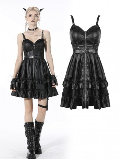 Dark in Love Black Gothic Rebel Locomotive Girl PU Leather Short Strap Dress