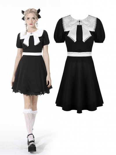 Dark in Love Black and White Cute Gothic Bow Daily Wear Short Dress ...