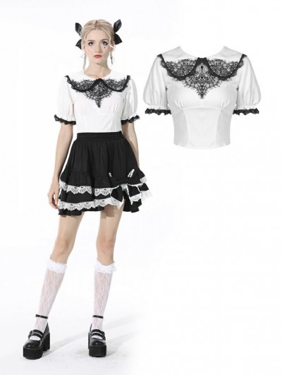 Dark in Love White and Black Lace Sweet Gothic Short Top for Women