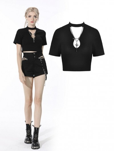 Dark in Love Black Gothic Grunge Cross Chain Daily Wear Short T-Shirt for Women