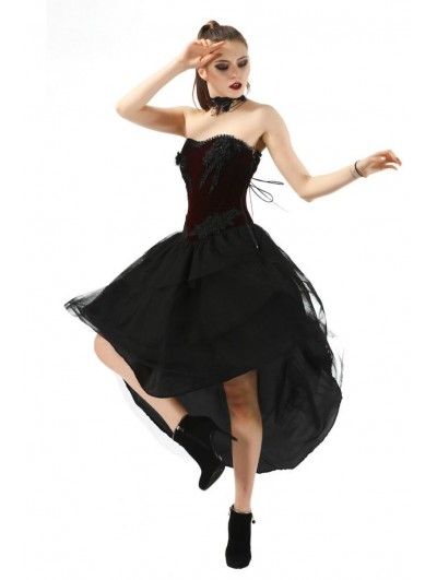 Pentagramme Dark Red and Black Gothic Velvet High-Low Corset Dress For Women