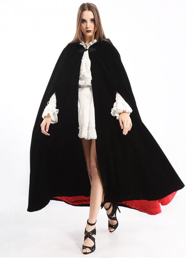 Pentagramme Black and Red Long Gothic Velvet Hooded Long Cape For Women