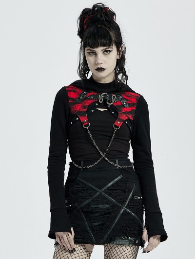 Punk Rave Black and Red Gothic Punk Chain Hooded Short Coat for Women