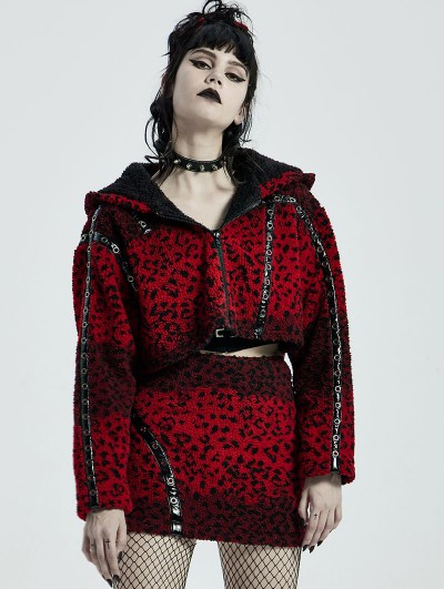 Punk Rave Red and Black Gothic Punk Leopard Women's Hooded Loose Short Coat