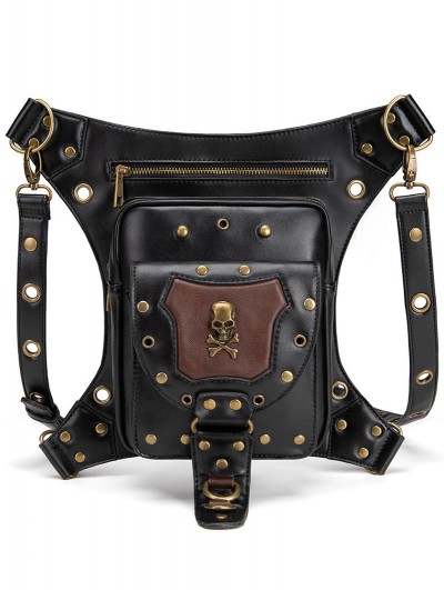 Black Gothic Punk Skull Motorcycle Travel Waist Shoulder Messenger Bag ...