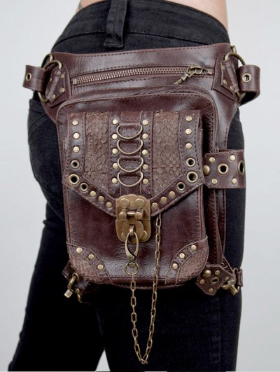 Brown Gothic Punk Rivets Chain Waist Shoulder Messenger Bag