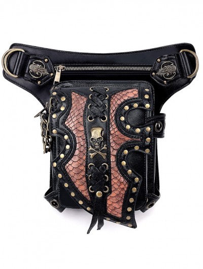 Black Gothic Punk Lace-Up Skull Motorcycle Waist Shoulder Messenger Bag