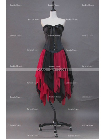 Black and Red Gothic Corset Irregular Burlesque Prom Party Dress